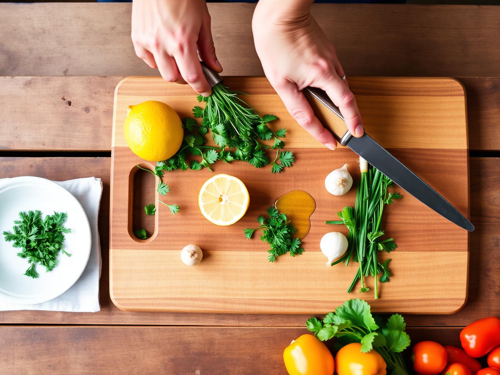 Fresh herbs, lemon and whole-food ingredients on a wooden cutting board